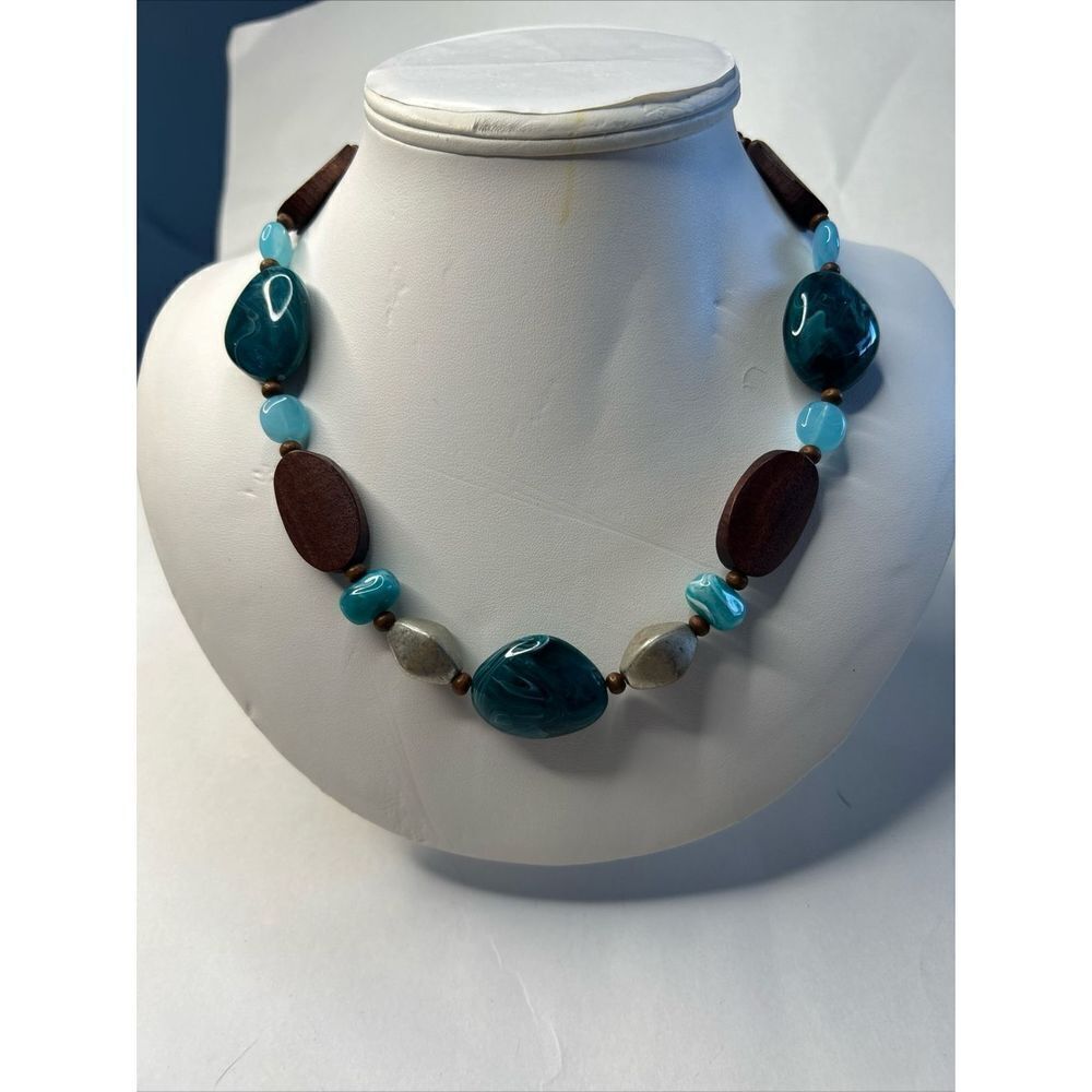 Necklace wood, large glass beads 10” brown and blue